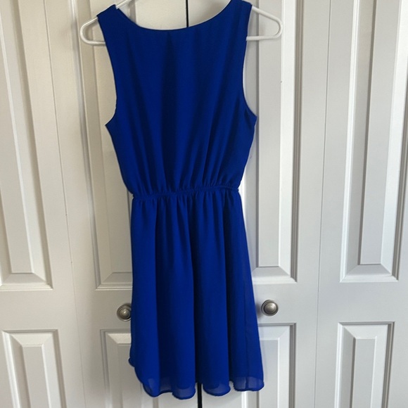 Monteau Royal Blue Sleeveless Dress with Unique Neckline and Sheer Skirt - Picture 2 of 4